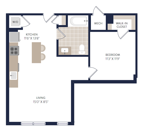 Floor plan for 1 bed, 1 bath, 636 sqft